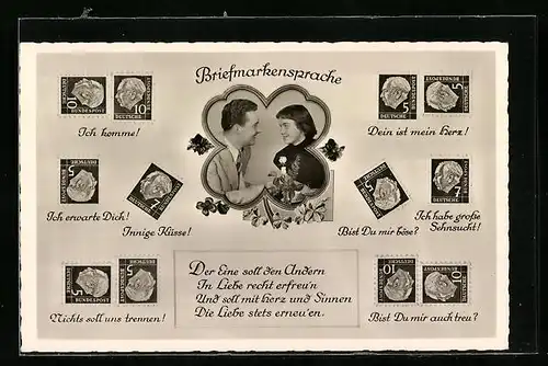 AK Briefmarkensprache, Ich komme, Innige Küsse, Nichts soll uns trennen