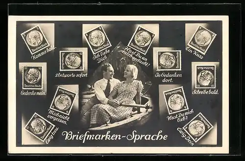 AK Briefmarkensprache, Schreibe bald, Ein Kuss, Gedenke mein