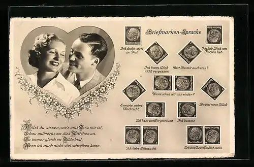 AK Briefmarkensprache, Ich kann dich nicht vergessen, Du bist mein Glück
