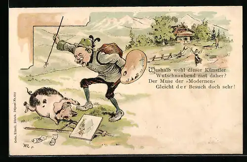 AK Maler in den Bergen vom Schwein unterbrochen