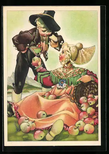 Künstler-AK Oberösterreicher Paar in Tracht aus der Gegend von Linz