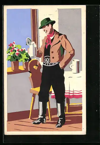 Künstler-AK Salzburger in Tracht mit Bierkrug
