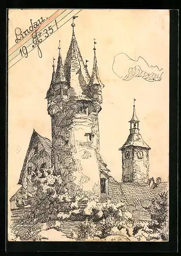 Künstler-AK Lindau, Studentischer Zirkel und Jahreszahl 1935, Turm des Ortes