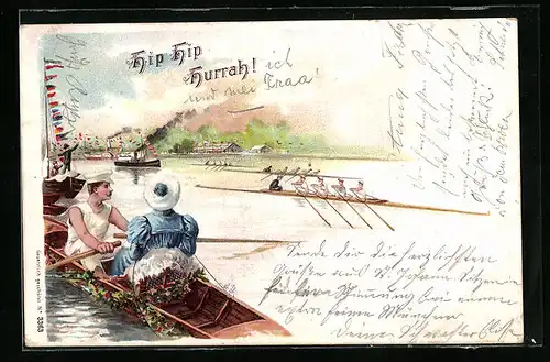 Lithographie Ruderer mit Dame im Boot, Sport-Ruderboote und Dampfer auf einem Fluss