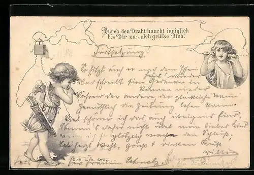 Lithographie Amor sendet Liebesbotschaft durchs Telefon