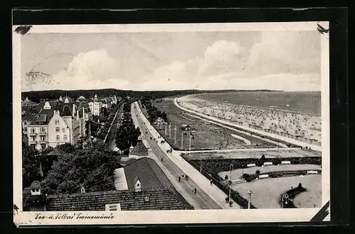 AK Swinemünde, Blick über den Ort und den Strand