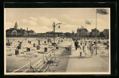 AK Swinemünde, Strand mit Steg und Strandkörben