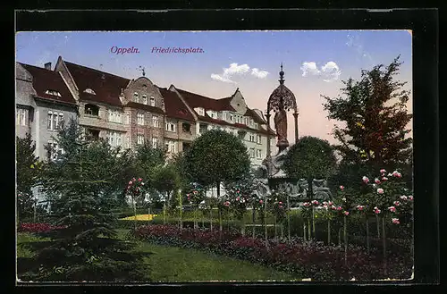 AK Oppeln, Friedrichsplatz mit Anlagen und Gebäuden