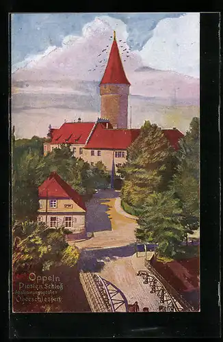 Künstler-AK Oppeln, Strassenpartie am Piasten Schloss