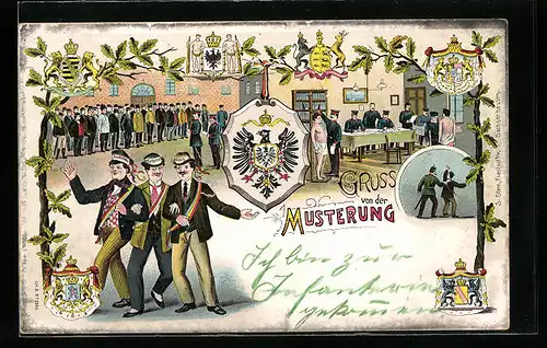 Lithographie Gruss von der Musterung, Studenten mit ihren Einsatzfeldern