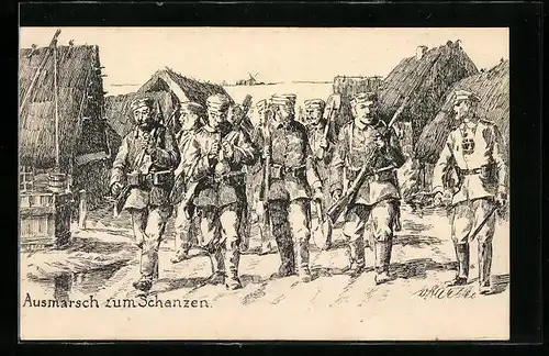 Künstler-AK Ausmarsch zum Schanzen, Pioniere