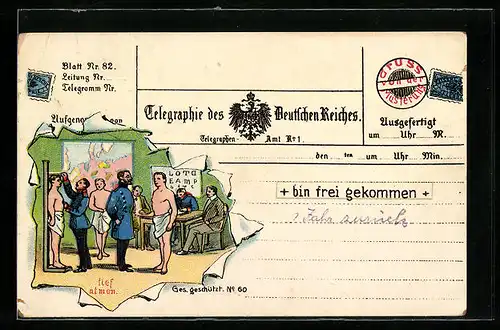 Künstler-AK Gruss von der Musterung, Ausgemustert