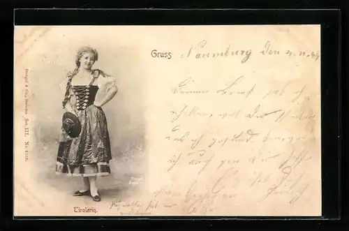 Relief-AK Gruss aus Tirol, Tirolerin in Tracht