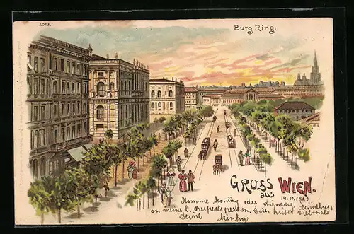 Lithographie Wien, Burgring mit Pferdebahnen aus der Vogelschau