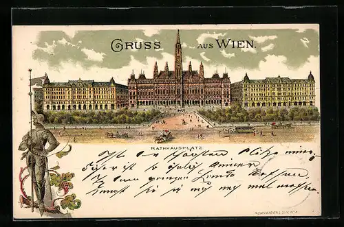 Lithographie Wien, Rathausplatz mit Strasse aus der Vogelschau