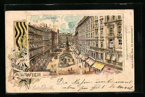 Lithographie Wien, Partie am Graben aus der Vogelschau