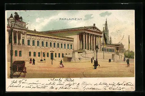 Lithographie Wien, Strassenpartie am Parlament