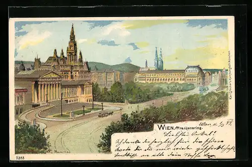 Lithographie Wien, Partie am Franzensring aus der Vogelschau