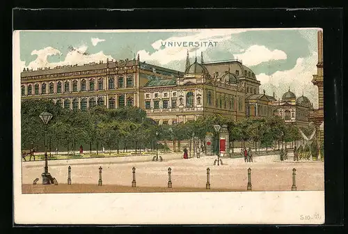 Lithographie Wien, Strassenpartie mit Blick auf die Universität