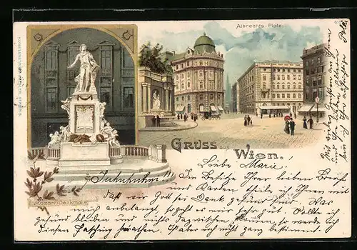 Lithographie Wien, Albrechts-Platz und Mozart-Denkmal