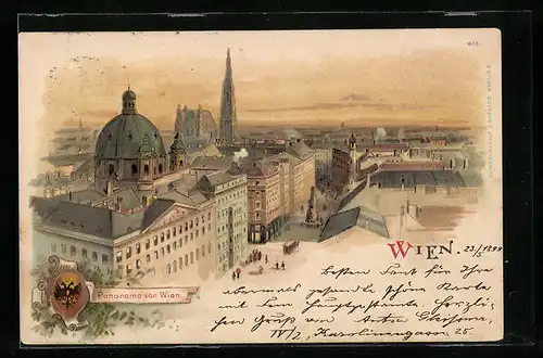 Lithographie Wien, Panorama aus der Vogelschau, Wappen