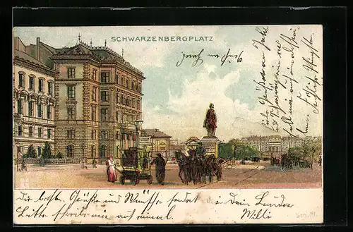 Lithographie Wien, Partie am Schwarzenbergplatz, mit Handwagen und Kutsche