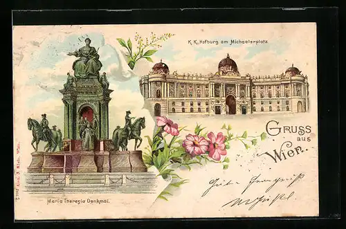 Lithographie Wien, K. K. Hofburg und Denkmal Maria Theresia