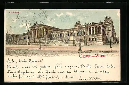 Lithographie Wien, Parlamentsgebäude mit Strasse