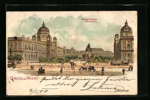 Lithographie Wien, Strassenpartie mit Blick auf Maria Theresia Monument