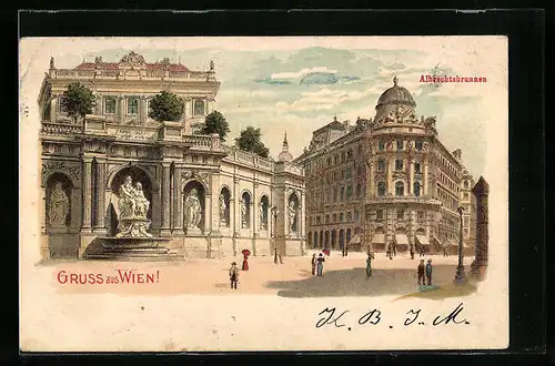 Lithographie Wien, Der Albrechtsbrunnen mit Strasse