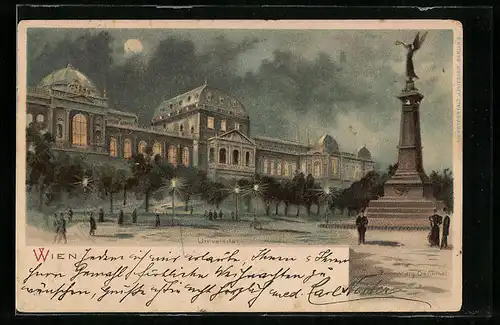 Mondschein-Lithographie Wien, Universität mit Denkmal bei Nacht