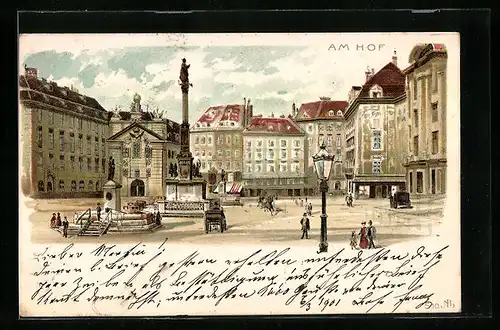 Lithographie Wien, Partie am Hof mit Denkmälern