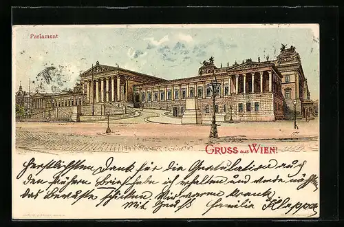 Lithographie Wien, Strassenpartie mit Blick auf das Parlament