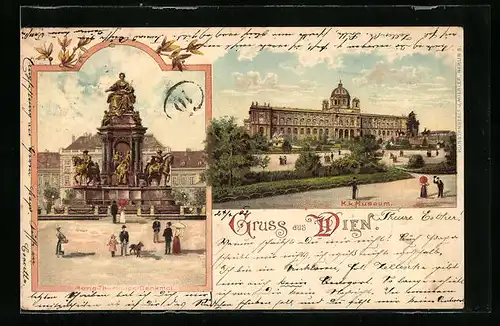 Lithographie Wien, Denkmal Maria Theresia, K. k. Museum