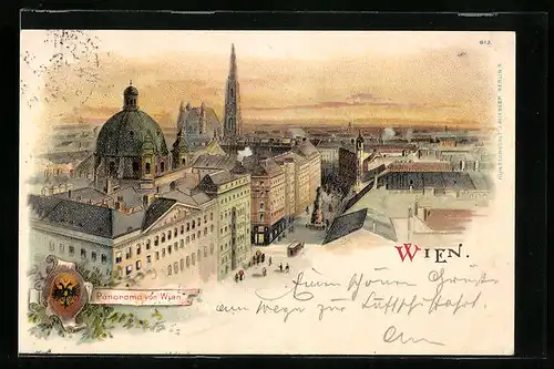 Lithographie Wien, Panorama von Wien mit österreichischem Wappen