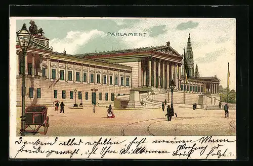 Lithographie Wien, Das Parlament mit Strasse und Einfahrt