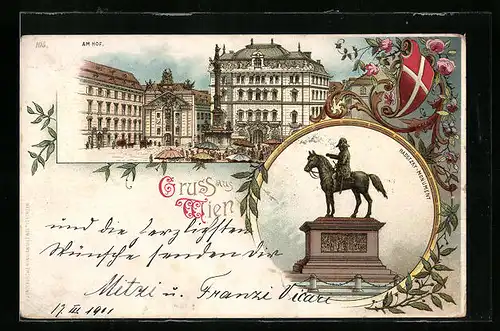 Lithographie Wien, Partie am Hof und Denkmal Radetzky