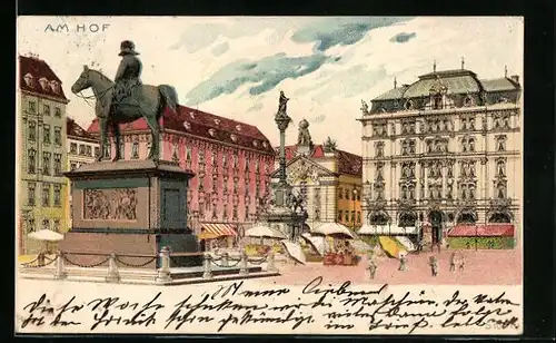 Lithographie Wien, Partie am Hof mit Reiter- und Säulendenkmal