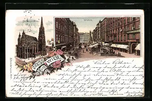 Lithographie Wien, Stefanskirche und Graben