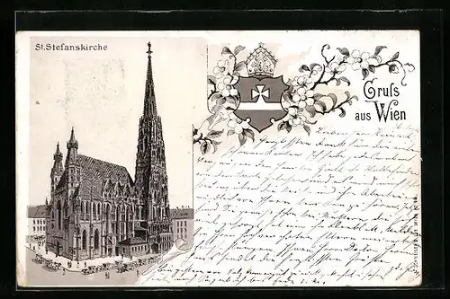 Lithographie Wien, St. Stefanskirche mit Strasse aus der Vogelschau, Wappen und Krone