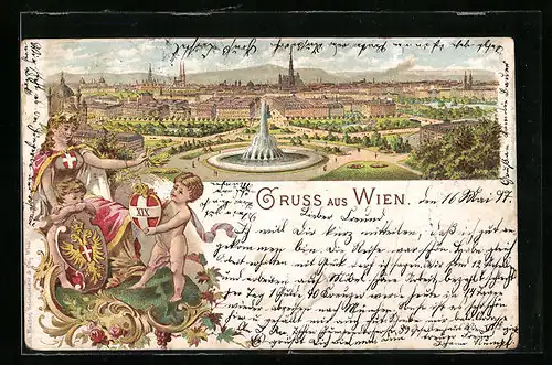 Lithographie Wien, Panorama hinter Anlagen, Frauen -und Kinderfiguren mit Wappen