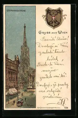 Künstler-AK Wien, Stephanskirche mit Stadtwappen