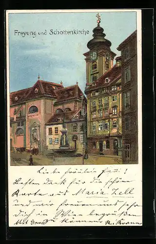 Lithographie Wien, Freyung und Schottenkirche