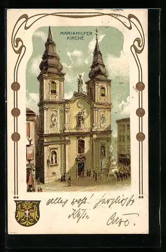 Lithographie Wien, Mariahilferkirche in goldener Rahmung