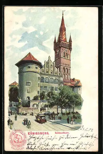 Lithographie Königsberg i. Pr., Strasse am Schlossthurm, Pferdebahn