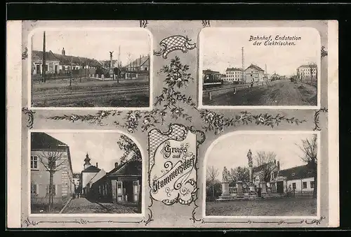 AK Wien-Stammersdorf, Kriegerdenkmal, Bahnhof der elektr. Strassenbahn