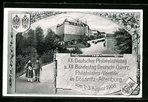 AK Gössnitz-Altenburg, XX. Dt. Philatelistentag u. XII. Bundestag Deutsch-Österr. Philatelisten-Vereine 1908, Ganzsache