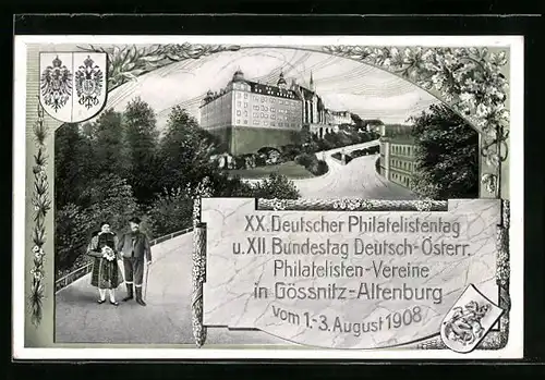 AK Gössnitz-Altenburg, XX. Dt. Philatelistentag u. XII. Bundestag Deutsch-Österr. Philatelisten-Vereine 1908, Ganzsache