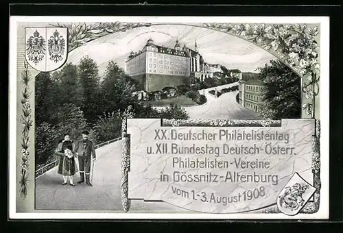 AK Gössnitz-Altenburg, XX. Dt. Philatelistentag u. XII. Bundestag Deutsch-Österr. Philatelisten-Vereine 1908, Ganzsache