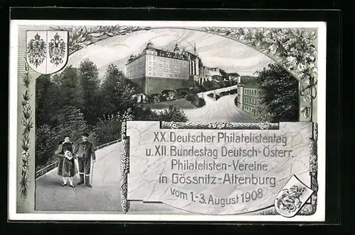 AK Gössnitz-Altenburg, XX. Deutscher Philatelistentag & XII. Bundestag Dt.-Österr. Philatelisten-Vereine 1908, Ganzsache